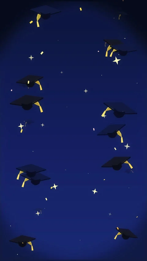 Pixel graduation cap loop animation with falling hats in blue night Stock Footage 346642335