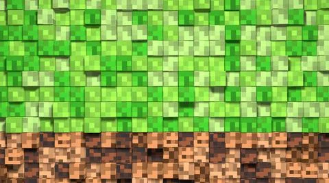 Pixel grass and ground background. 3D Abstract cubes. Video game geometric mo Stock Illustration