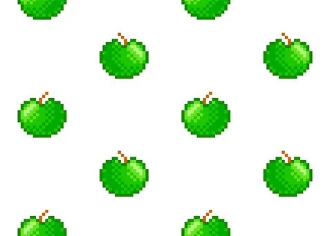 Pixel green apple seamless pattern. 8 bit apple fruit texture cartoon. Retr.. Stock Illustration