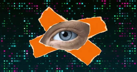 Pixel grid shimmering, orange torn-paper X framing eye lifting eyelid revealing Stock Footage 316097027