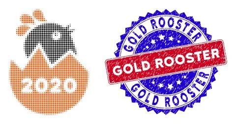 Pixel Halftone 2020 hatch chick Icon and Bicolor Gold Rooster Distress Stamp 스톡 일러스트