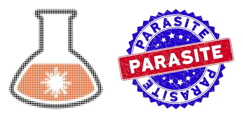 Pixel Halftone Virus analysis retort Icon and Bicolor Parasite Scratched Stamp Stock Illustration