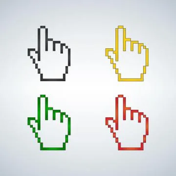 Pixel hand cursor different colors set . Vector icon. Stock Illustration