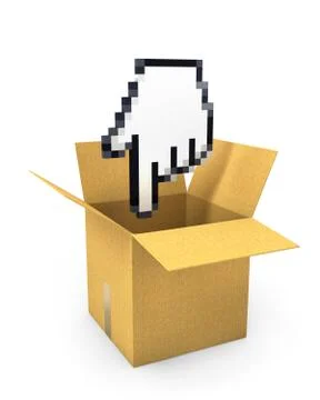 Pixel hand cursor flies to carton box Stock Illustration