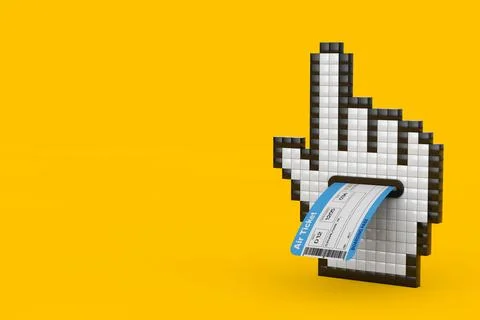 Pixel Hand Cursor Icon with Airline Boarding Pass Ticket. 3d Rendering Stock Illustration