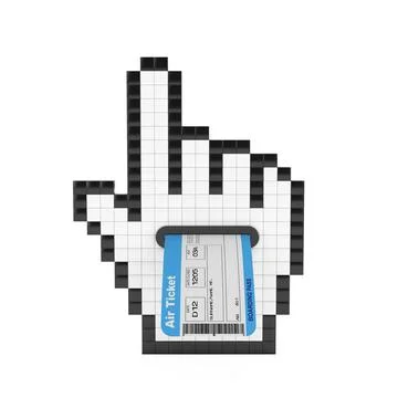 Pixel Hand Cursor Icon with Airline Boarding Pass Ticket. 3d Rendering Illustrazione stock