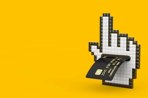 Pixel Hand Cursor Icon with Black Plastic Golden Credit Card with Chip. 3d .. Illustrazione stock