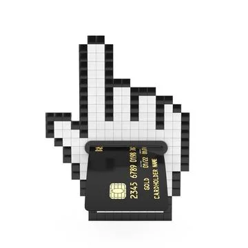 Pixel Hand Cursor Icon with Black Plastic Golden Credit Card with Chip. 3d .. Illustrazione stock