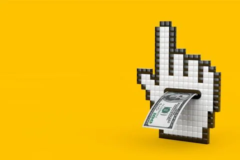 Pixel Hand Cursor Icon with One Hundred Dollars Banknote. 3d Rendering Illustrazione stock