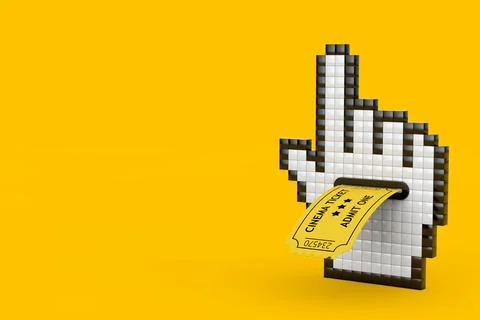 Pixel Hand Cursor Icon with Yellow Cinema Ticket. 3d Rendering Stock Illustration