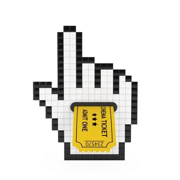 Pixel Hand Cursor Icon with Yellow Cinema Ticket. 3d Rendering Stock Illustration