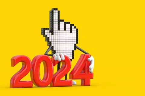 Pixel Hand Cursor Mascot Person Character with 2024 New Year Sign. 3d Renderi Stock Illustration