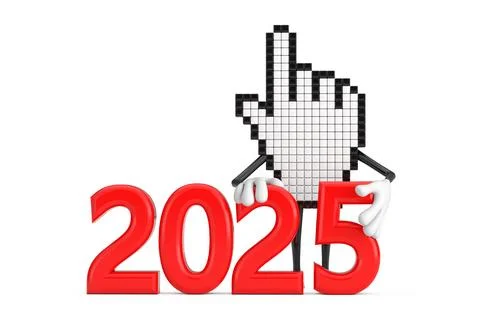 Pixel Hand Cursor Mascot Person Character with 2025 New Year Sign. 3d Renderi 스톡 일러스트