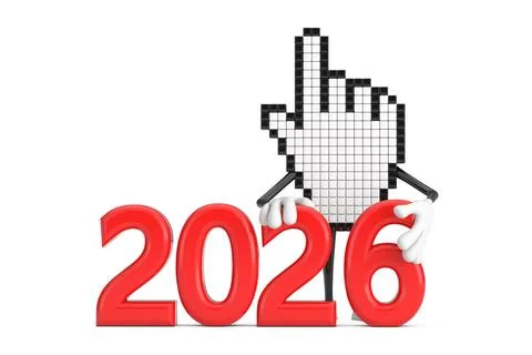 Pixel Hand Cursor Mascot Person Character with 2026 New Year Sign. 3d Renderi 스톡 일러스트