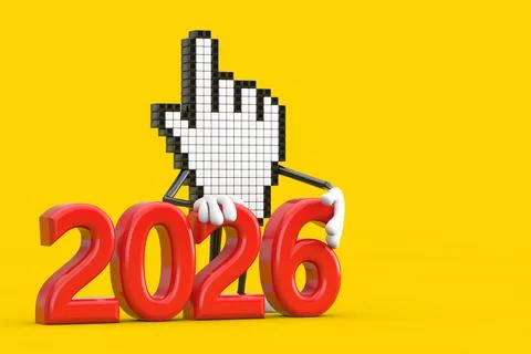 Pixel Hand Cursor Mascot Person Character with 2026 New Year Sign. 3d Renderi Stock Illustration