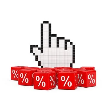 Pixel Hand Pointer Cursor with Heap of Discount Sale Percent Cubes. 3d Rend.. Stock Illustration