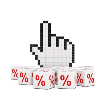 Pixel Hand Pointer Cursor with Heap of Discount Sale Percent Cubes. 3d Rend.. Stockillustratie