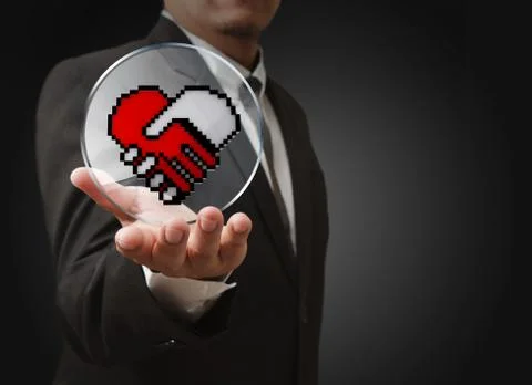 Pixel hand shake heart shaped symbol as medical technology concept Stock Illustration