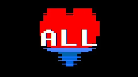 Pixel heart ALL word text glitch interference screen seamless loop animation Stock Footage 91532300