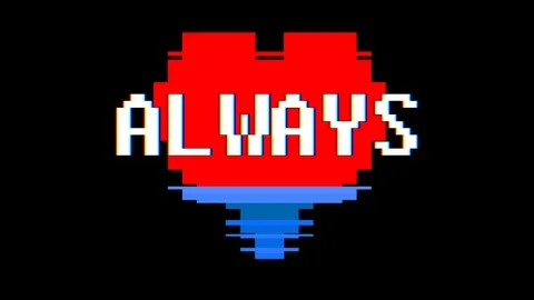 Pixel heart ALWAYS word text glitch interference screen seamless loop animation Stock Footage 92351940