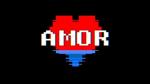 Pixel heart AMOR word text glitch interference screen seamless loop animation Stock Footage 92724643