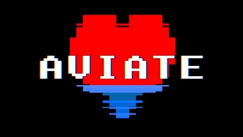Pixel heart AVIATE word text glitch interference screen seamless loop animation Stock Footage 91532462