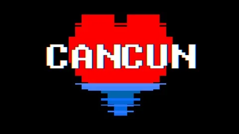 Pixel heart CANCUN word text glitch interference screen seamless loop animation Stock Footage 91960997