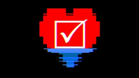 Pixel heart with check mark symbol glitch interference screen seamless loop Video stock 90012413