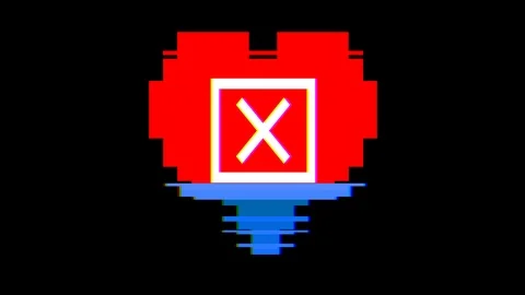 Pixel heart with close check mark symbol glitch interference screen seamless Video stock 90013203