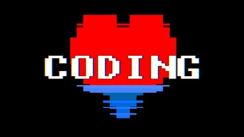 Pixel heart CODING word text glitch interference screen seamless loop animation Stock Footage 91533013
