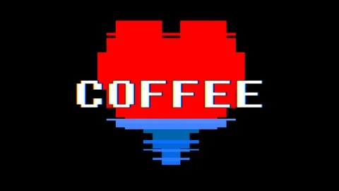 Pixel heart COFFEE word text glitch interference screen seamless loop animation Stock Footage 91532553