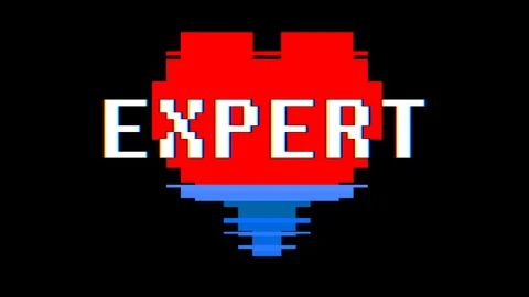 Pixel heart EXPERT word text glitch interference screen seamless loop animation Video stock 92351839