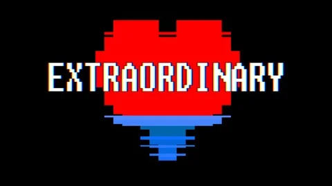 Pixel heart EXTRAORDINARY word text glitch interference screen seamless loop Stock Footage 91961099