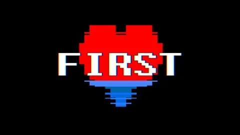 Pixel heart FIRST word text glitch interference screen seamless loop animation Video stock 92724328