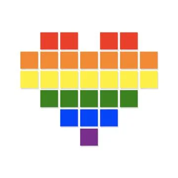Pixel heart with flying pixels on an edge in colors of LGBT flag. Colorful Stock Illustration