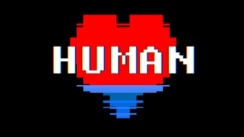 Pixel heart HUMAN word text glitch interference screen seamless loop animation Video stock 91959816