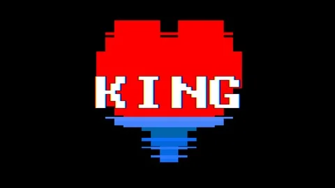 Pixel heart KING word text glitch interference screen seamless loop animation Video stock 91532922