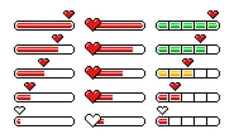 Pixel heart loading bars, 8 bit video game assets Stock Illustration