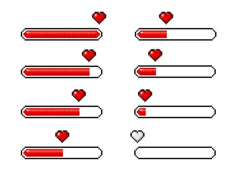 Pixel heart loading bars, 8 bit video game icons Illustrazione stock