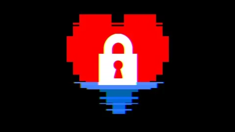 Pixel heart with lock symbol glitch interference screen seamless loop animation Stock Footage 89962997