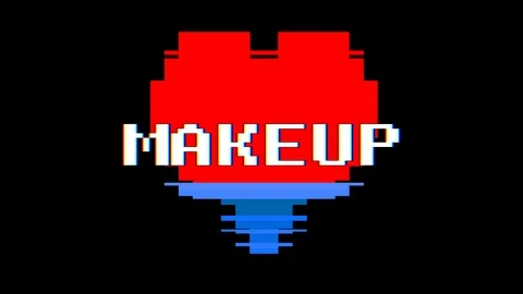 Pixel heart MAKEUP word text glitch interference screen seamless loop animation Stock Footage 91532731