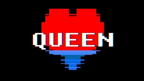 Pixel heart QUEEN word text glitch interference screen seamless loop animation Stock Footage 91532918