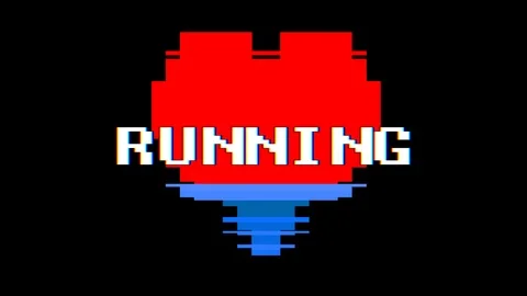 Pixel heart RUNNING word text glitch interference screen seamless loop animation Video stock 91532869