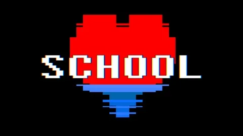 Pixel heart SCHOOL word text glitch interference screen seamless loop animation Stock Footage 91533137