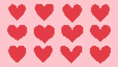 Pixel heart set different shapes. Red 8 bit hearts on pink background for poster Illustrazione stock