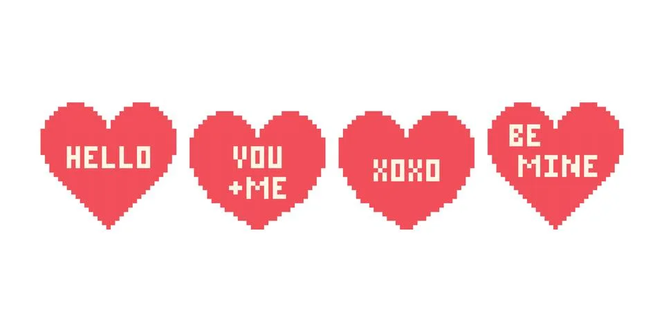 Pixel heart set with text in retro style. Vintage love symbol, 8 bit valentines Stock Illustration