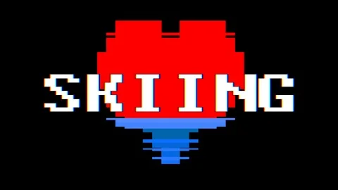 Pixel heart SKIING word text glitch interference screen seamless loop animation Video stock 91532283