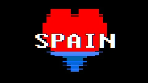 Pixel heart SPAIN word text glitch interference screen seamless loop animation Stock Footage 91533233