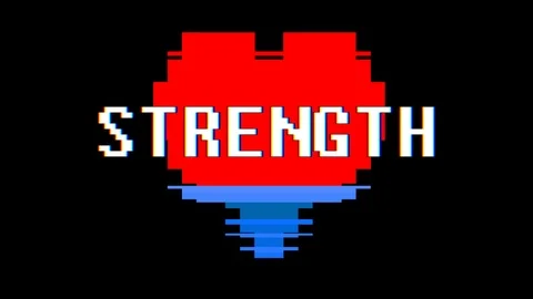 Pixel heart STRENGTH word text glitch interference screen seamless loop Video stock 91960026