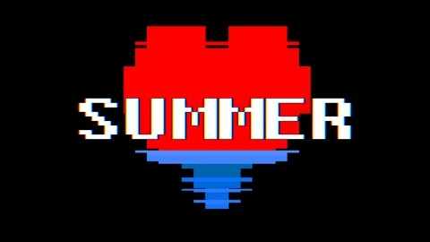 Pixel heart SUMMER word text glitch interference screen seamless loop animation Stock Footage 91533106
